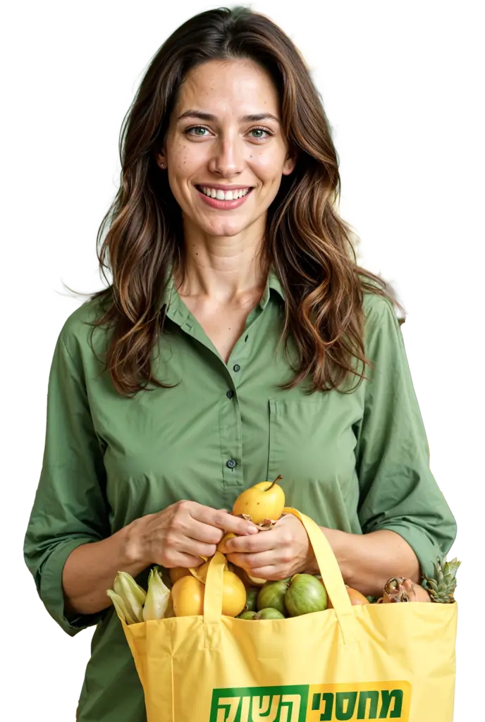 אישה מחזיקה שקית של מחסני השוק עם פירות